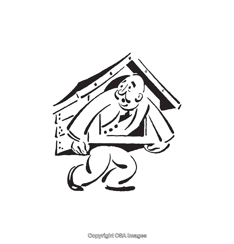 Man Carrying Small House in Black and White Line Art