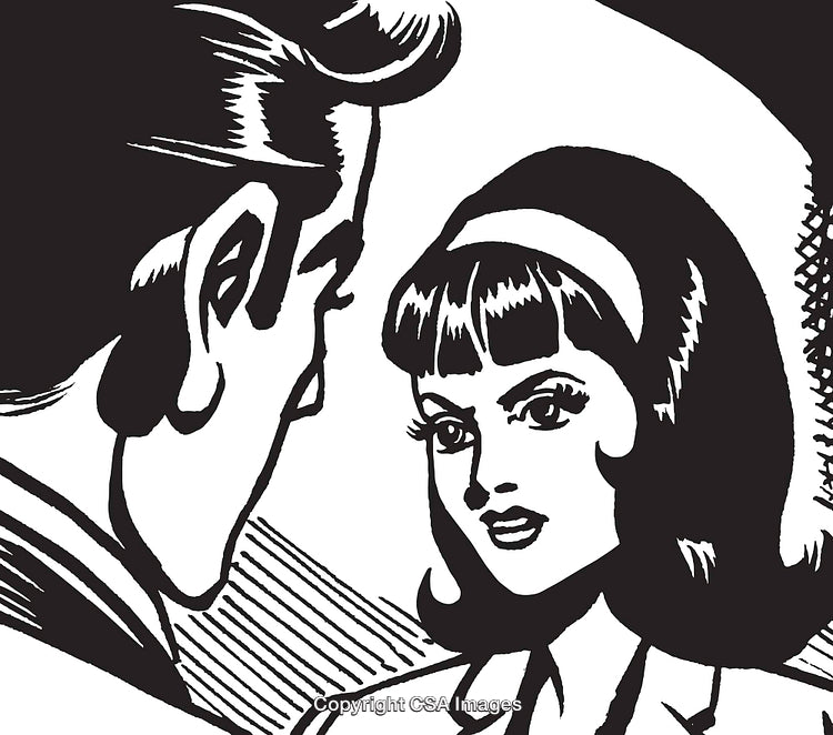 Retro Black and White Comic Characters in Close Interaction