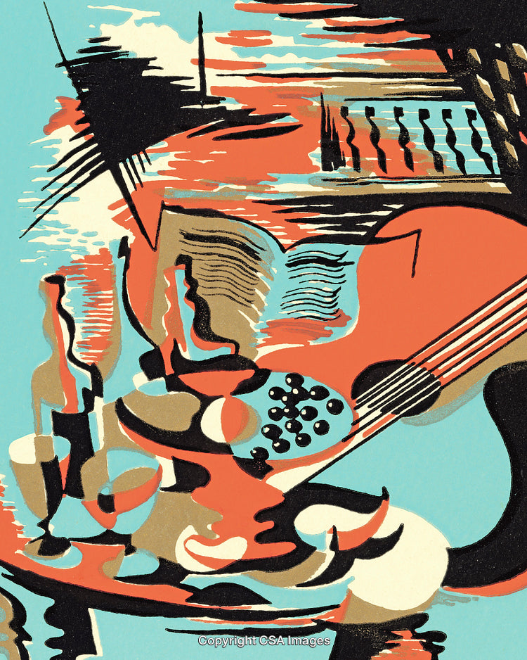 Abstract Still Life Illustration Featuring Musical Instruments and Decor Elements