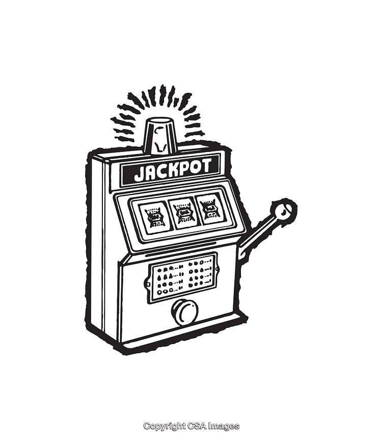 Hand-Drawn Black and White Slot Machine Illustration with Jackpot Alert