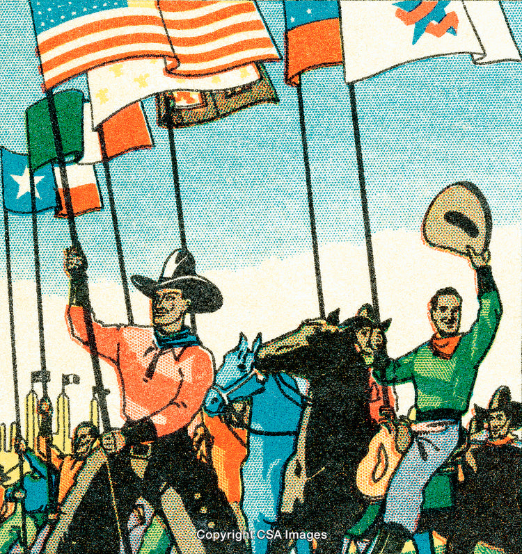 Colorful Vintage Cowboy Scene With Flags and Horses in Action