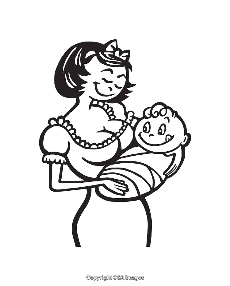 Mother Holding Baby in Black and White Line Art Illustration