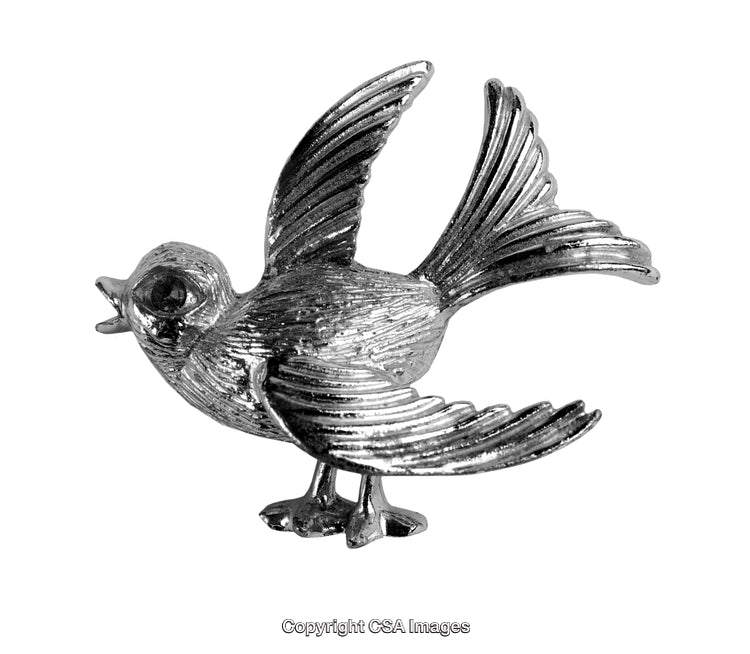 Silver Metallic Bird Figurine with Spread Wings Isolated on White Background