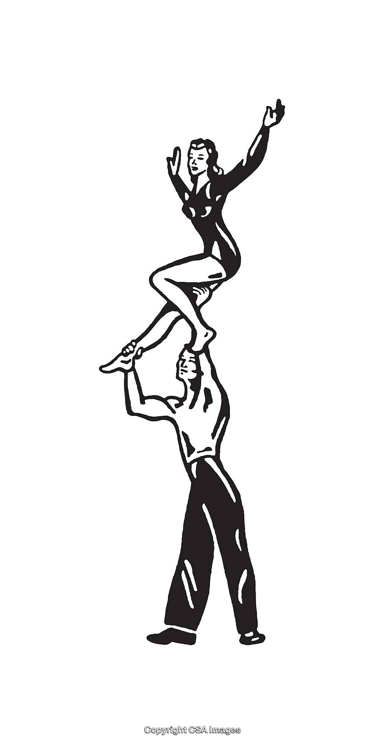 Black and White Line Art of Acrobatic Performer Balancing Lift