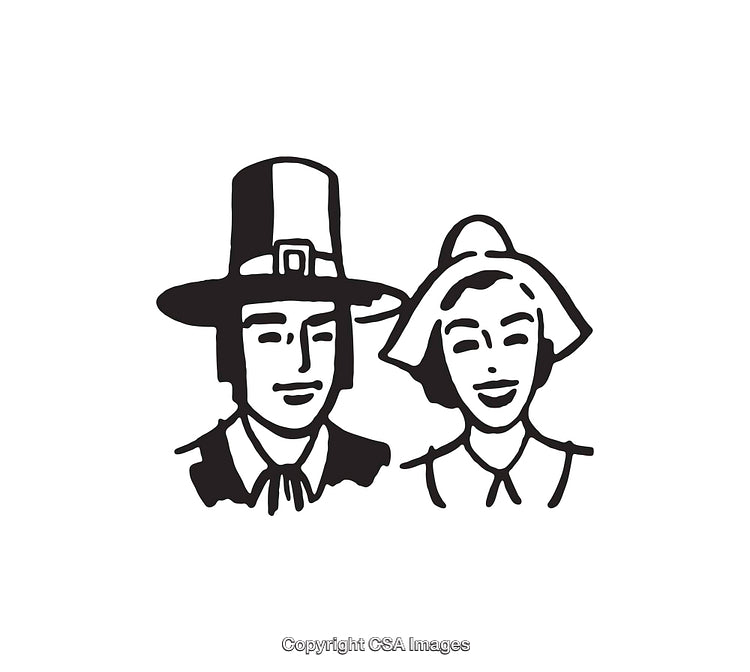 Black And White Line Art Illustration of a Pilgrim Man and Woman