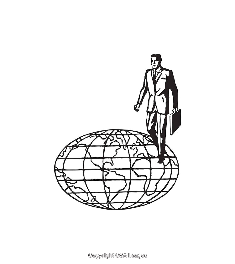 Businessman Standing on a Globe Representing Globalization and Leadership