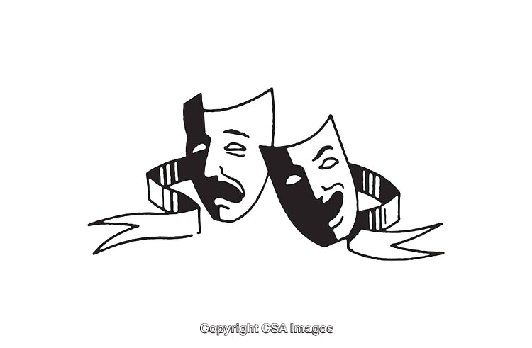 Black and White Line Art Comedy and Tragedy Masks Symbol