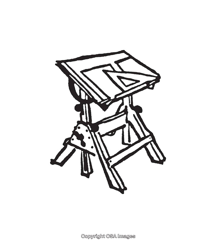 Black and White Line Art of a Vintage Wooden Drawing Table
