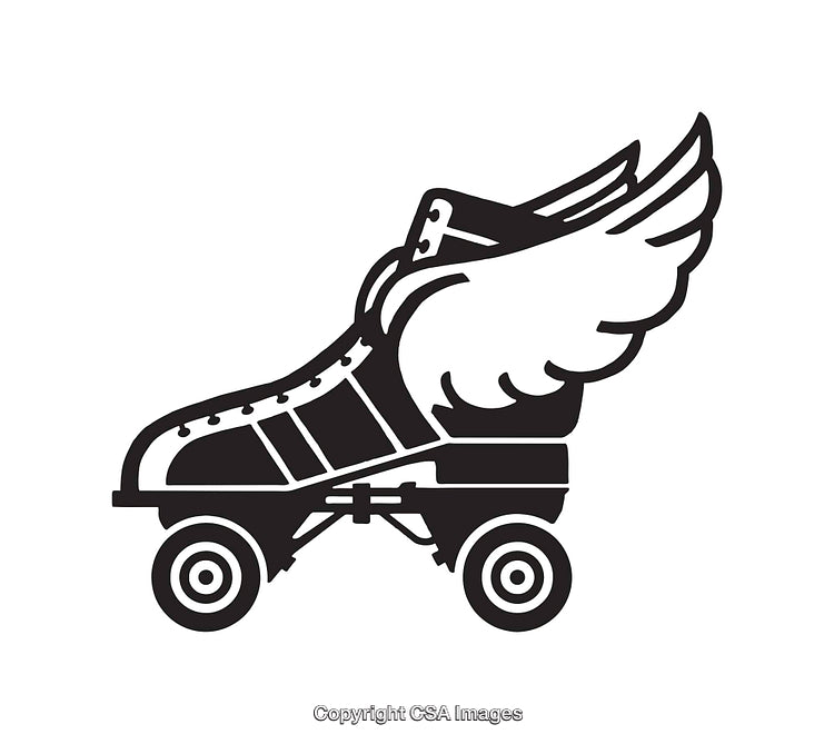 Stylized Line Art of Wing Adorned Roller Skate in Black and White