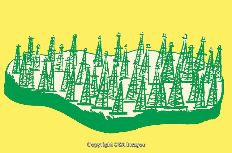 Green Oil Derricks Illustration on Yellow Background Highlighting Energy Production