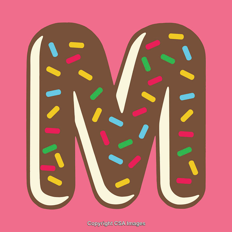 Colorful Sprinkled Letter M on Pink Background in a Fun Design