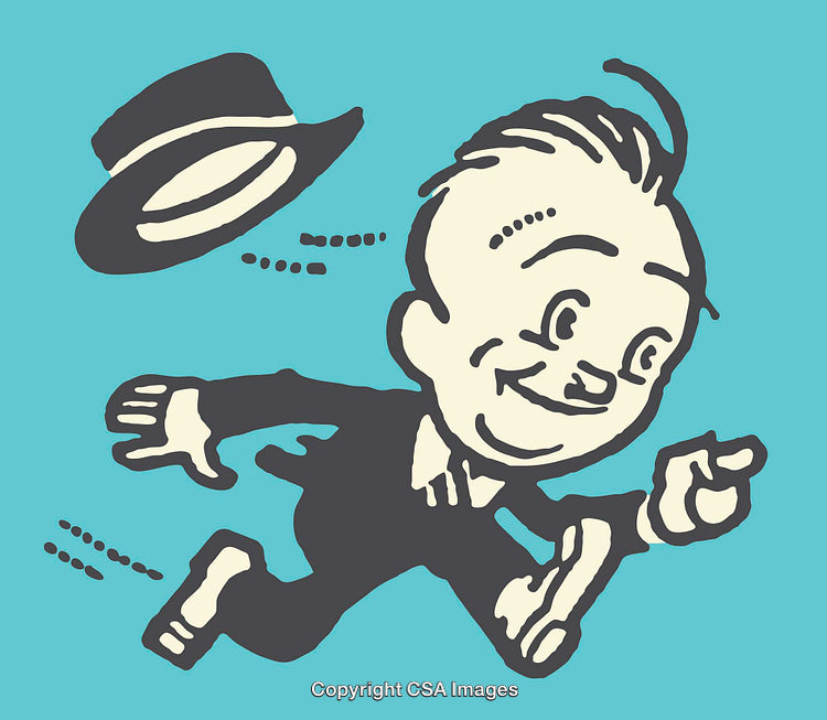 Retro Style Running Cartoon Character With Flying Hat on Teal Background