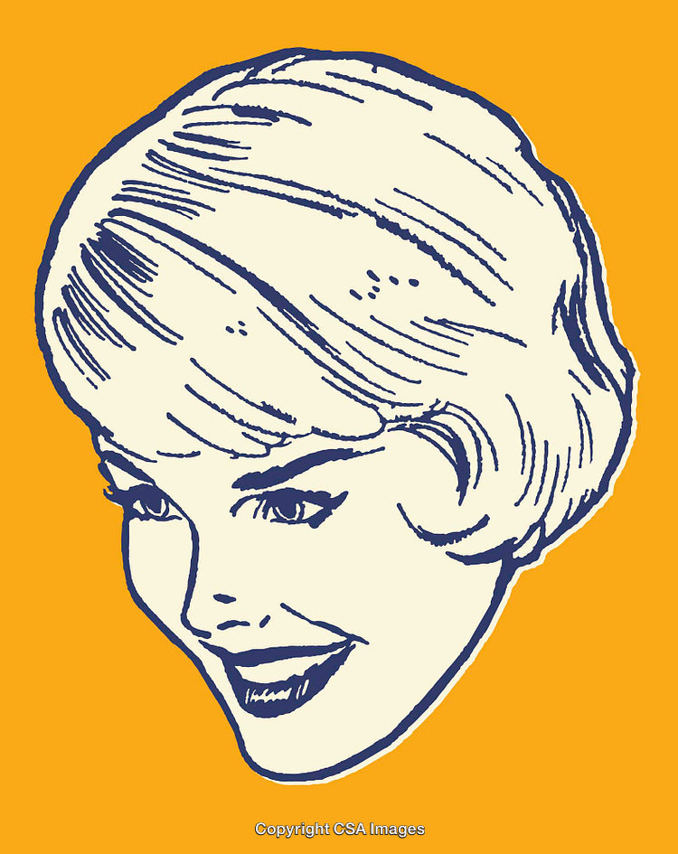 Vintage Line Art Graphic of Smiling Woman on Bright Orange Background