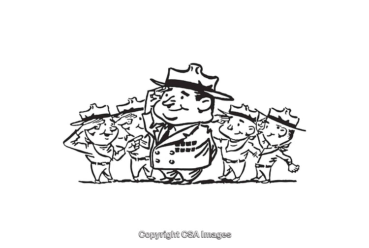 Black and White Line Art of Characters Saluting Together