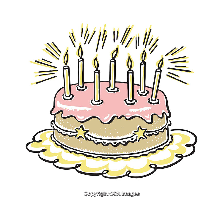 Illustration of a Birthday Cake with Lit Candles and Decorative Accents