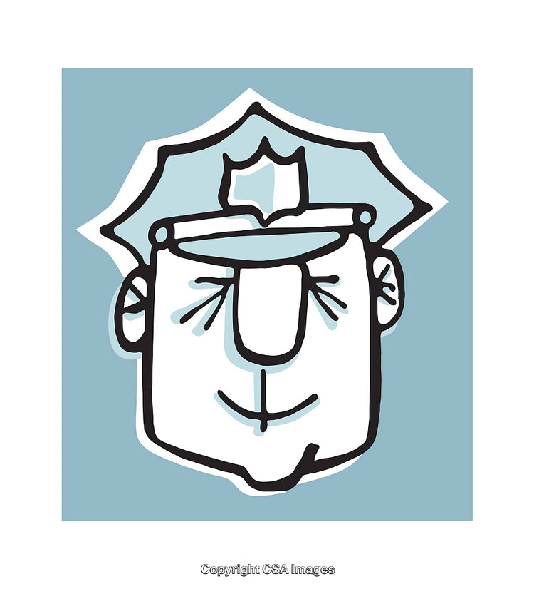 Minimalist Illustration of a Smiling Police Officer Character on Blue Background