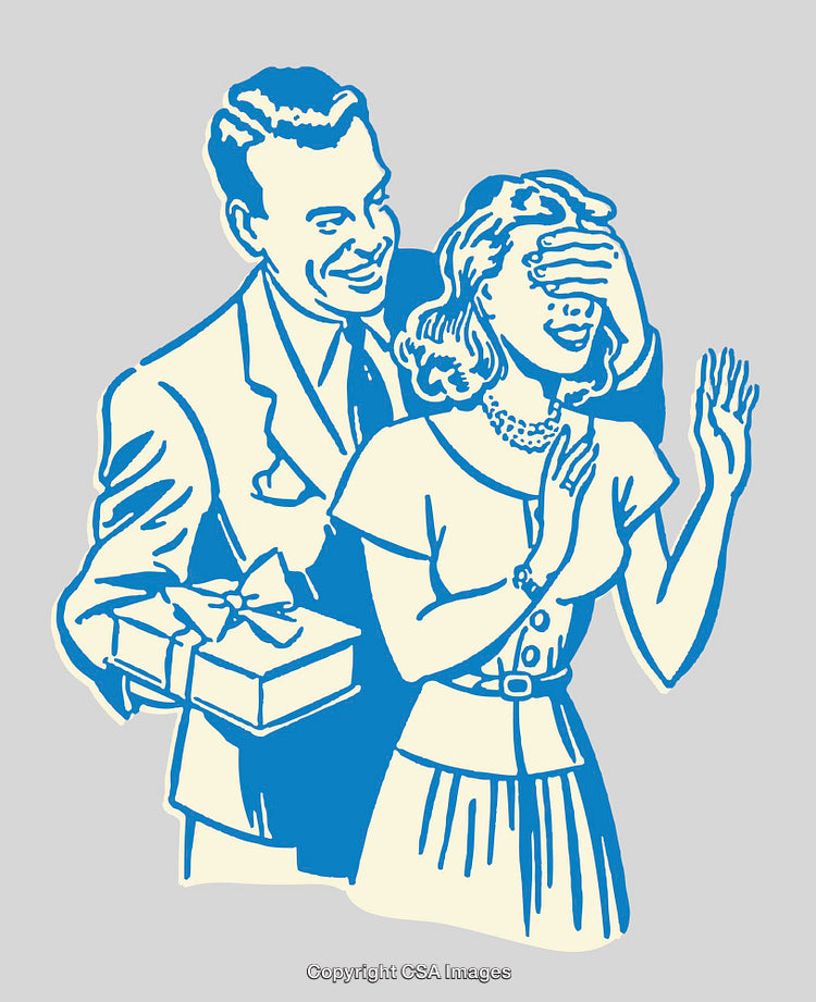 Retro Style Illustration of a Surprise Gift Gesture Between Couple