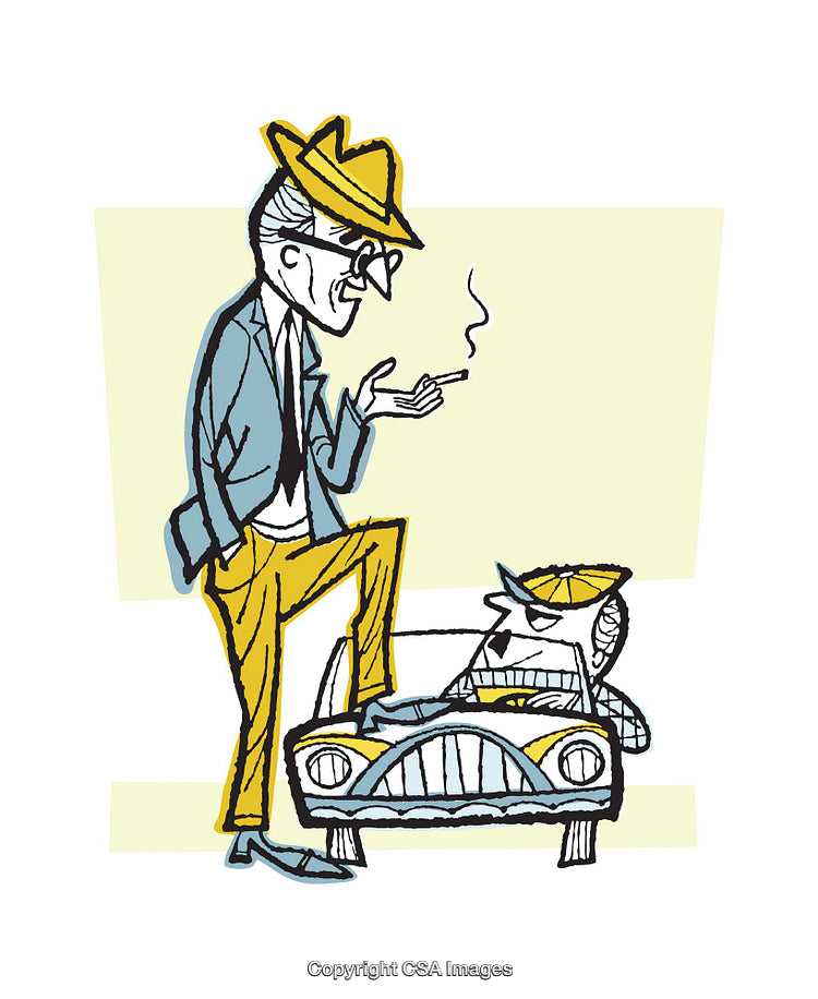 Colorful Cartoon Illustration of Stylish Characters With a Classic Car