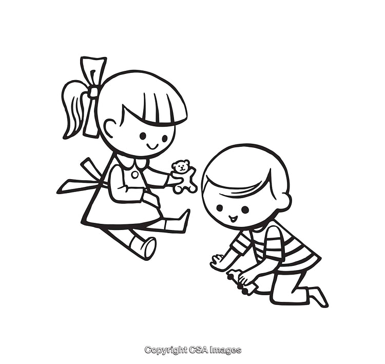 Cartoon Black and White Line Drawing of Children Playing Together