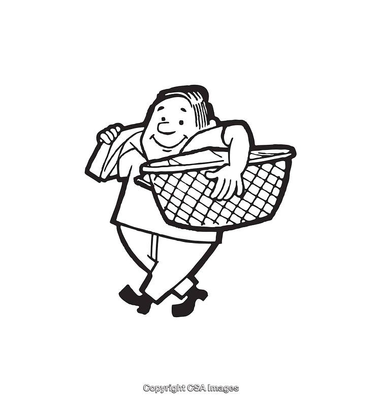 Happy Character Carrying Shopping Basket in Black and White Line Art
