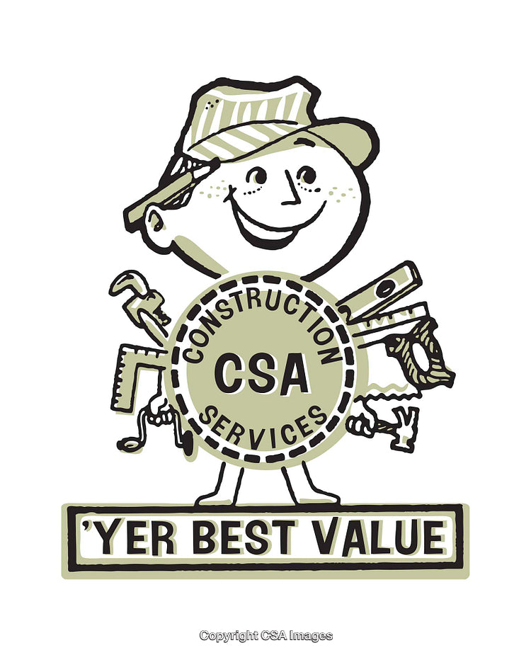 Retro Construction Services Logo Featuring Tool Mascot Illustration with Slogan