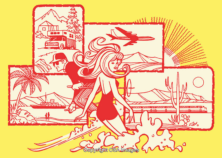 Vibrant Travel-Themed Retro Illustration Featuring Diverse Landscapes and Activities