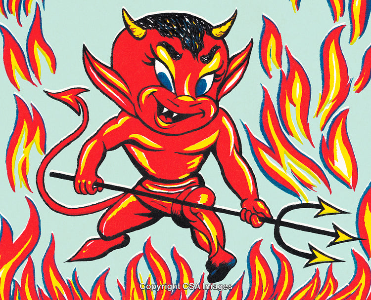 Vibrant Cartoon Devil Character Surrounded by Flames with Playful Expression