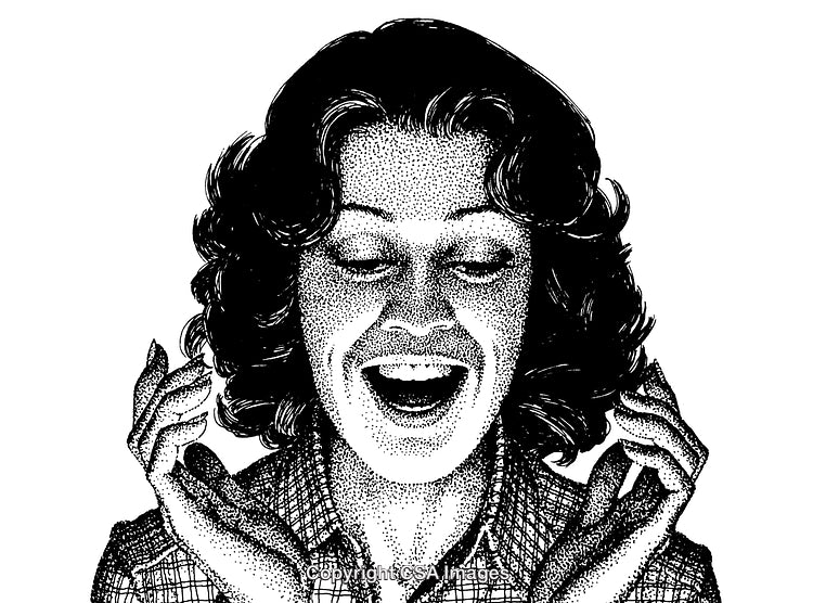 Highly Detailed Black and White Engraving of Surprised Woman with Hands Raised