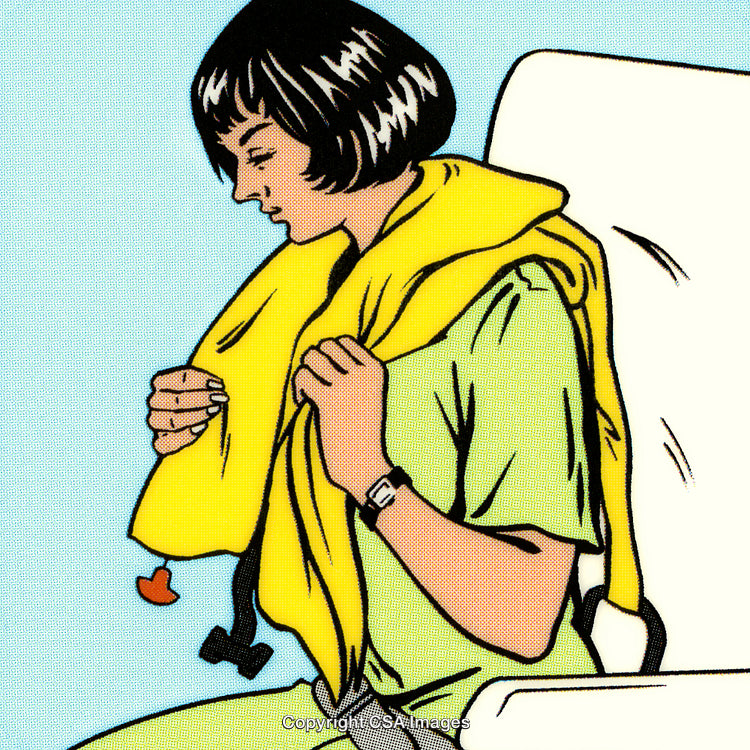 Illustration of Woman Demonstrating Life Jacket Use Onboard an Aircraft
