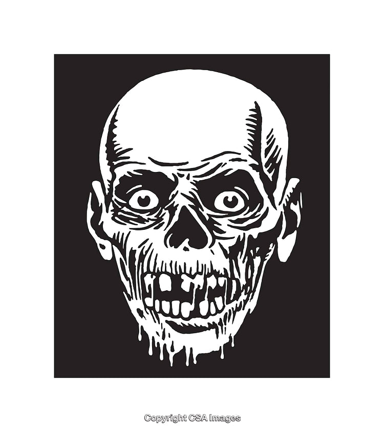Black and White Illustration of a Scary Skull with Hollow Eyes and Teeth