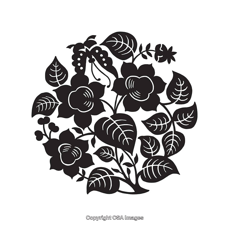 Black and White Floral Line Art Design with Detailed Patterns