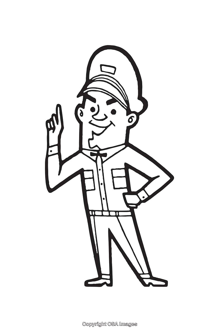 Cartoon Style Black and White Line Art Illustration of a Policeman