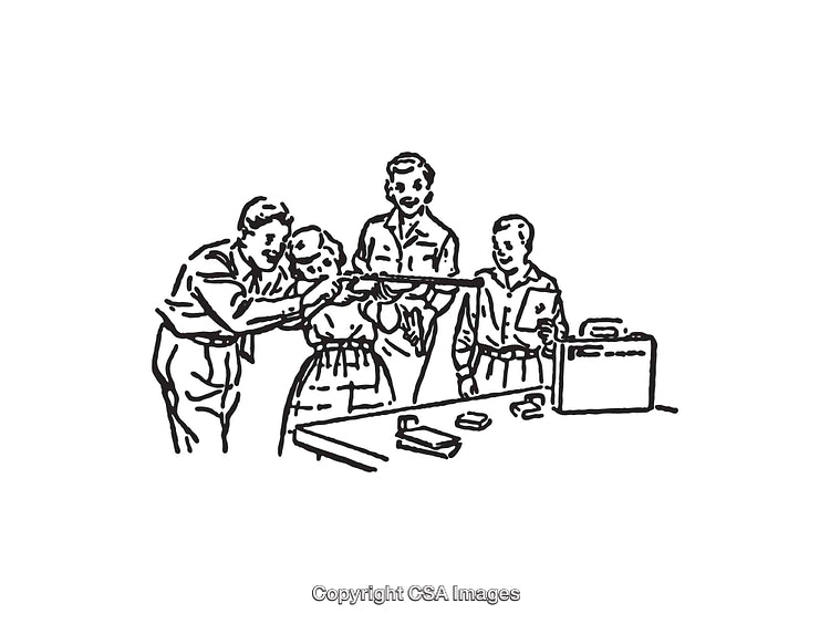 Retro Style Line Art of a Group Engaged in an Activity Illustration