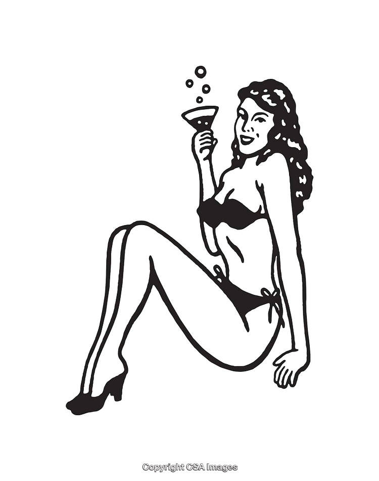 Vintage Line Art Illustration of Woman With Cocktail Glass