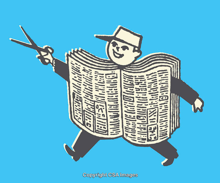 Playful Illustration of a Newspaper Character With Scissors on Blue Background