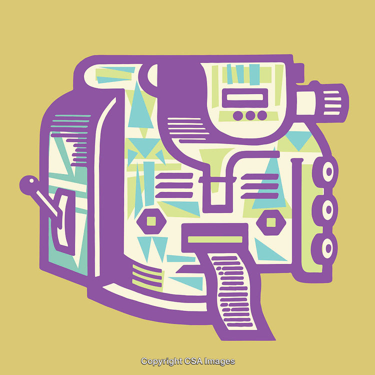 Abstract Purple and Yellow Machine Illustration with Geometric Shapes