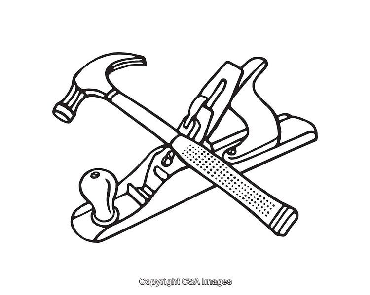 Black and White Illustration of Hammer, Chisel, and Woodworking Tools