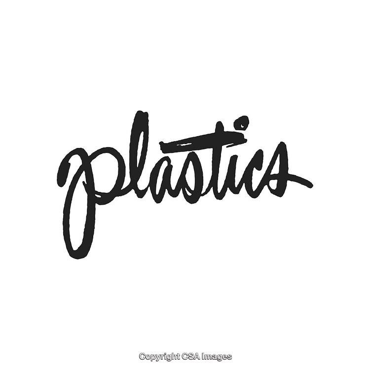 Stylized Handwritten Word 'Plastics' in Modern Black Script on White Background
