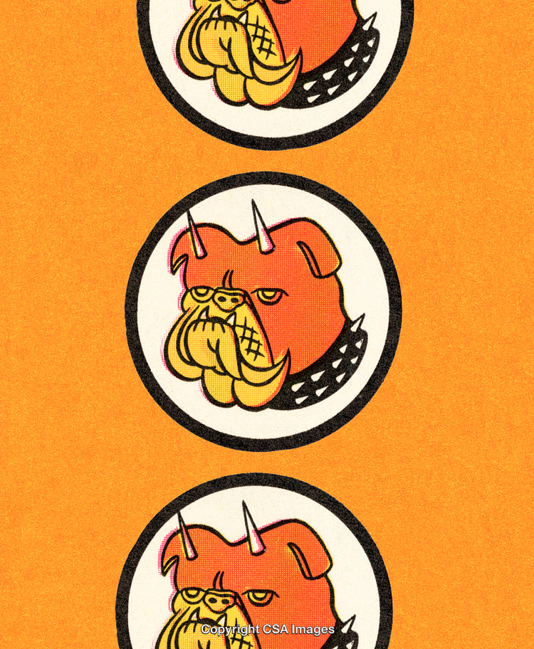 Stylized Cartoon Bulldog Faces With Devil Horns on Orange Background