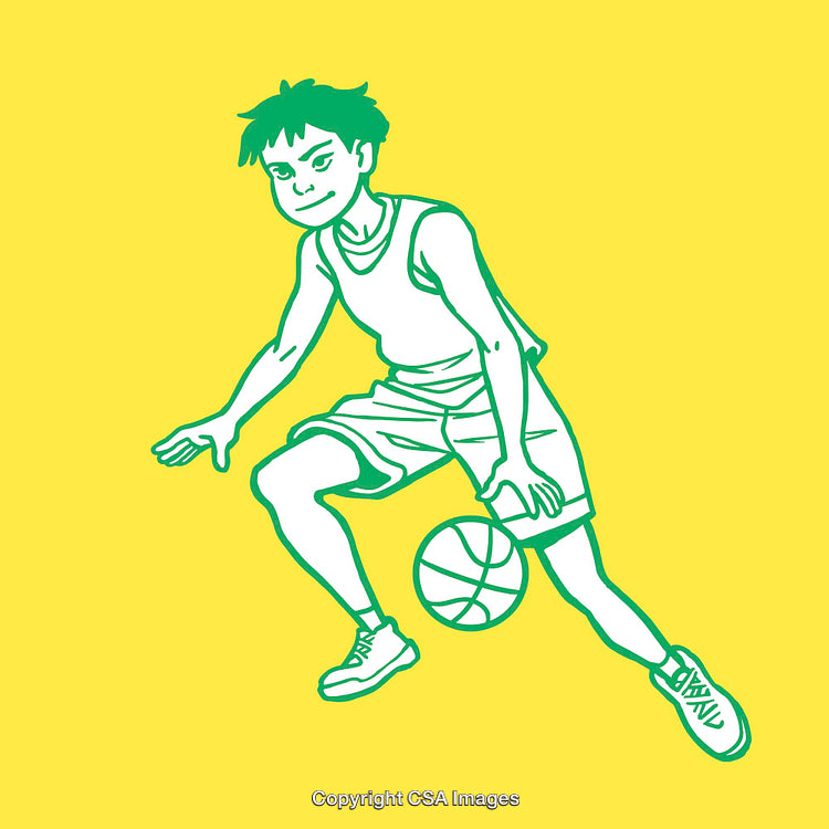 Illustration of a Youth Dribbling a Basketball in Dynamic Play Posture