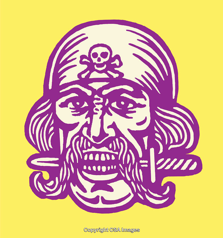 Colorful Pirate Skull Illustration with Knife and Bandana on Yellow Background