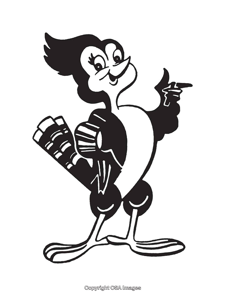 Charming Black and White Illustration of a Cartoon Bird With Expression