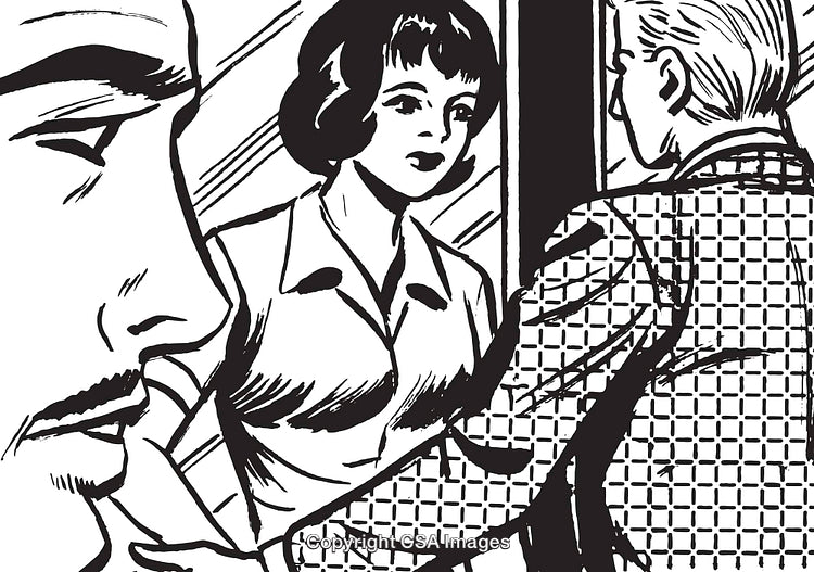 Retro Comic Style Illustration Depicting Three Figures in a Dramatic Interaction