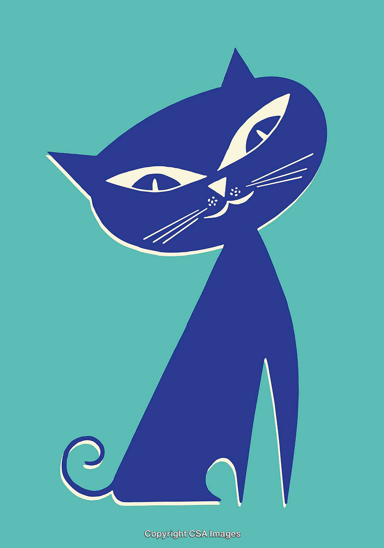 Stylized Illustration of a Blue Cat on a Teal Background