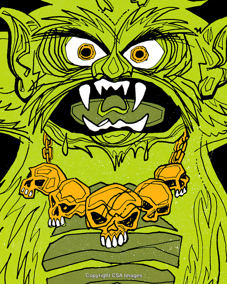 Stylized Green Monster Portrait with Sharp Teeth and Skull Necklace