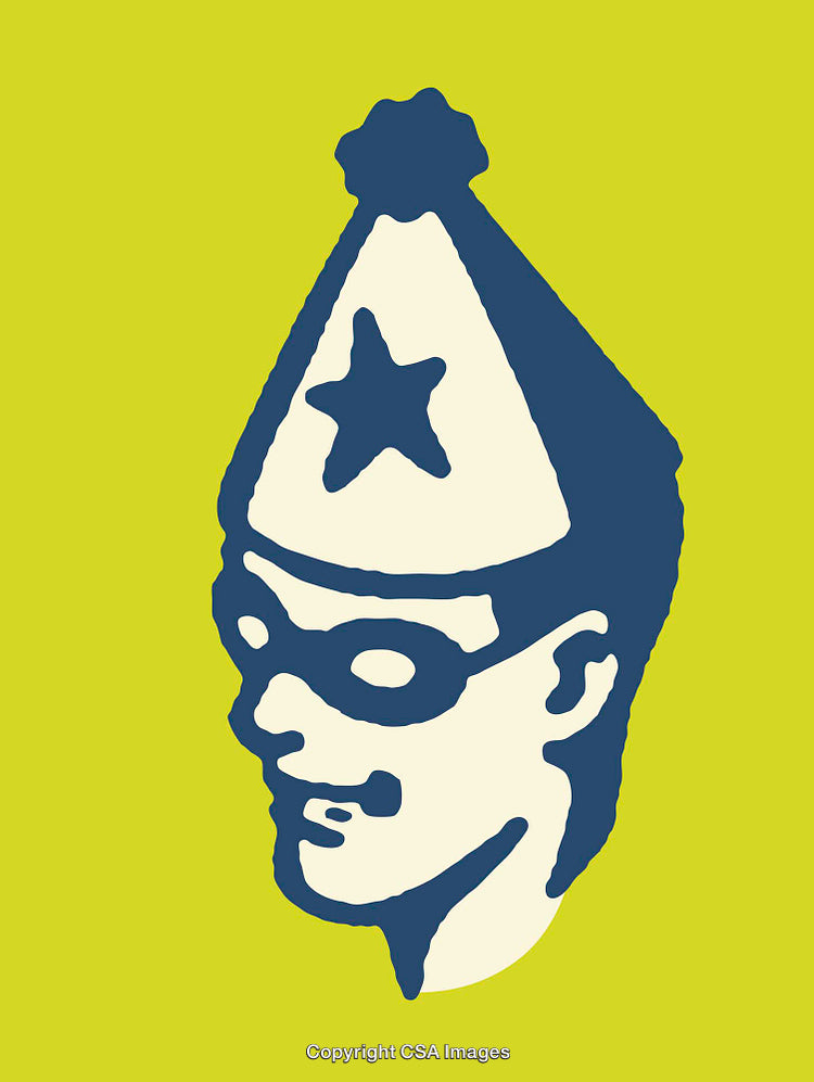 Retro Style Line Art Illustration of a Masked Character in a Party Hat