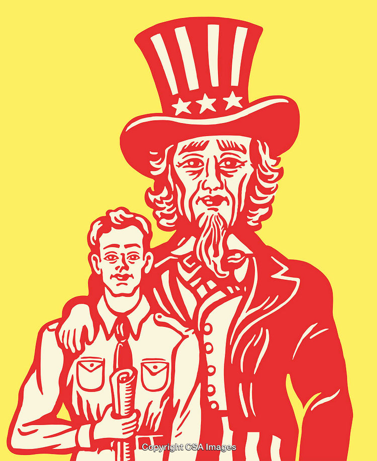 Patriotic Line Art Depicting Uncle Sam and Individual with Symbolic Imagery