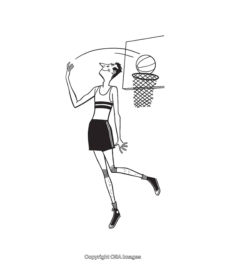 Black and White Line Art of a Basketball Player Shooting a Hoop