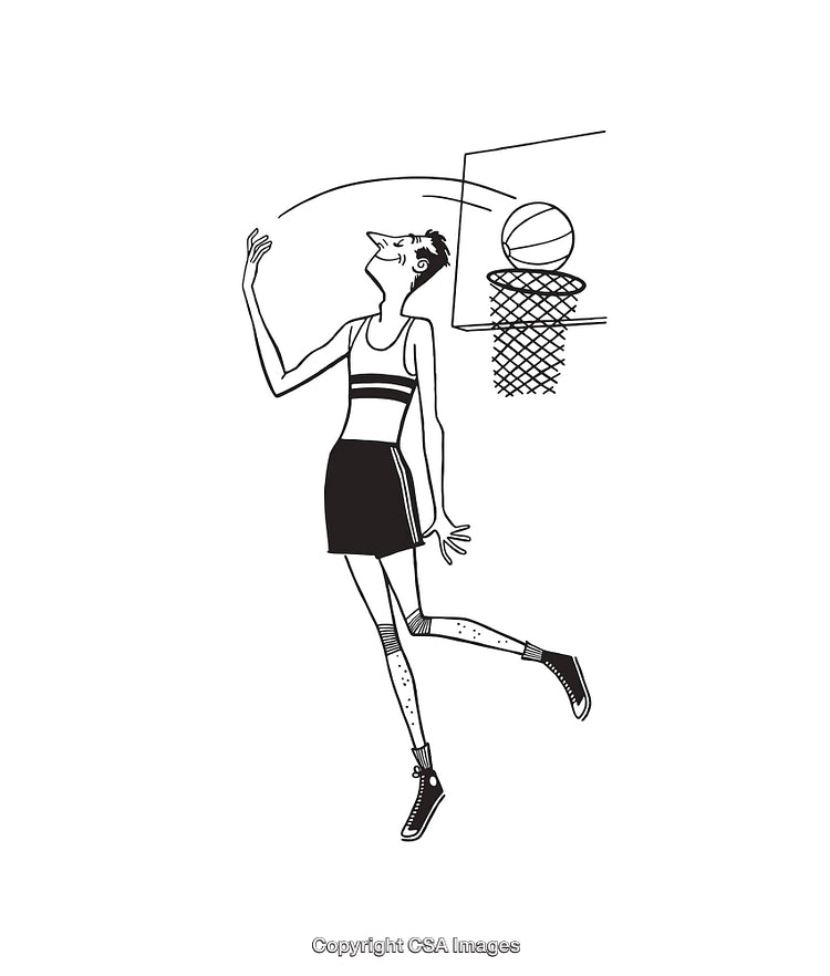 Black and White Line Art of a Basketball Player Shooting a Hoop