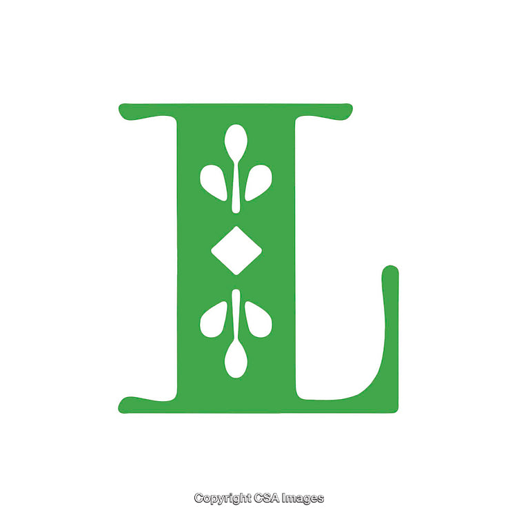 Green Letter L with Decorative Ornamental Floral Design on White Background